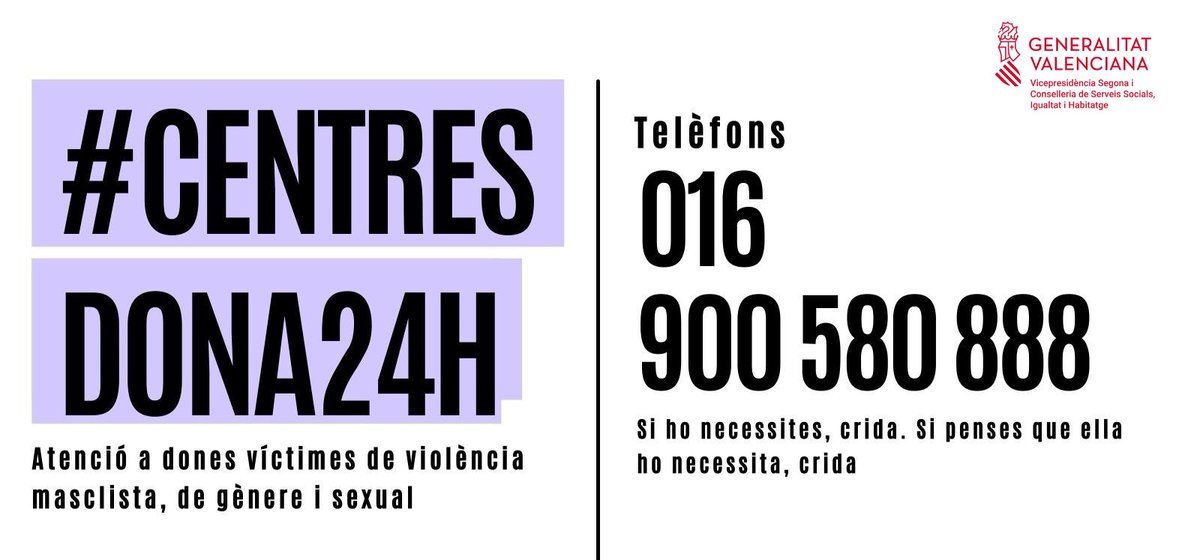 GVAIgualtat's tweet photo. 🟣Els #CentresDona24H són un servei de @GVAigualtat d’acompanyament i suport a les víctimes de violència masclista, de gènere i sexual

Amb atenció: 
✅psicològica
✅social  
✅jurídica  

☎️016 
☎️900 580 888 
#ViolènciaDeGènere #ViolènciaMasclista #ViolènciaSexual https://t.co/uvtlHYJwTK