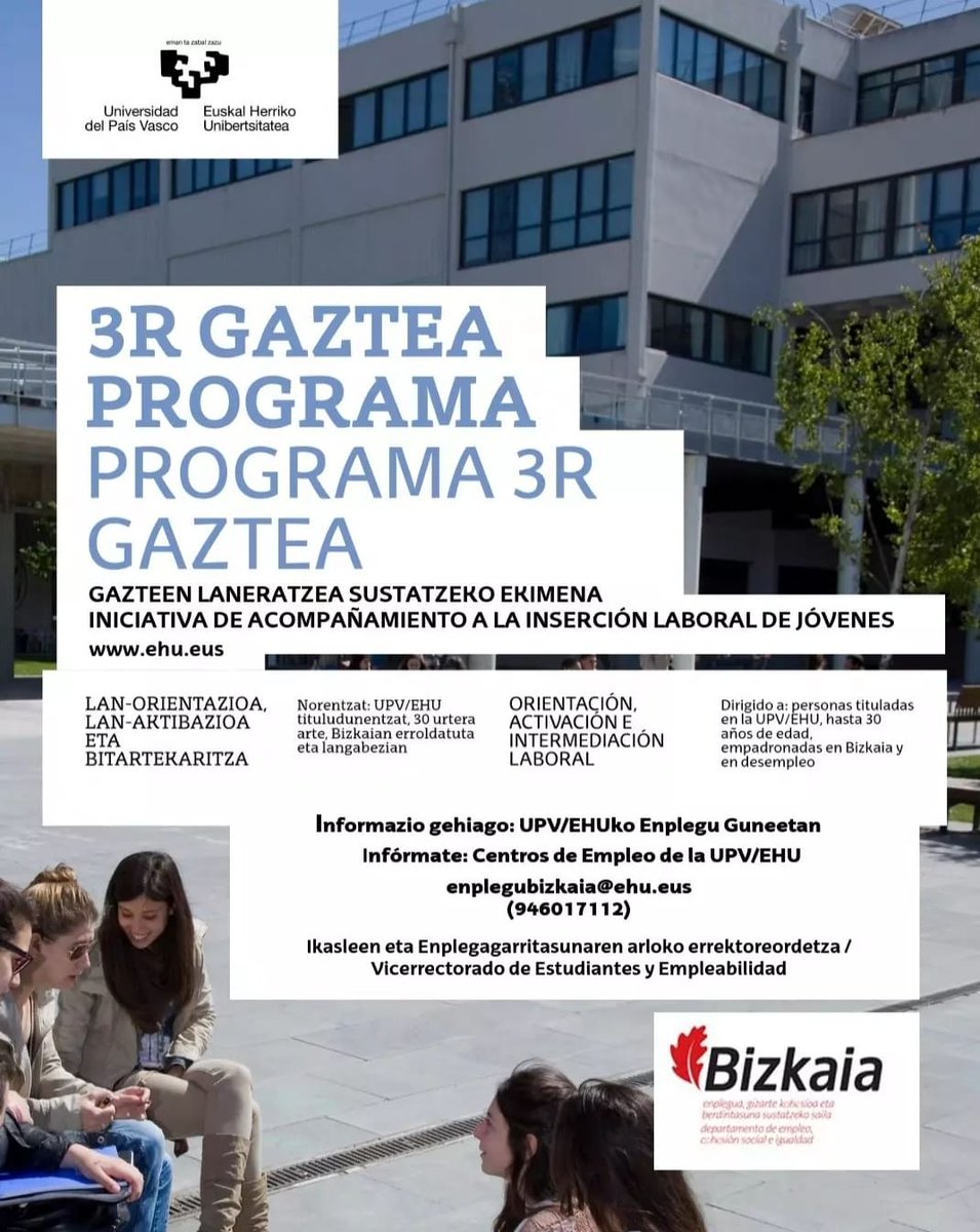 📣 #3RGAZTEA programa abian da❗️

Langabezian edo enplegu hobekuntzan dauden 
<a href="/upvehu/">UPV/EHU</a>-ko gazte tituludunentzat.
--
ℹ️ehu.eus/eu/web/enplegu…
--
📣  ¡Convocatoria abierta del programa "3R GAZTEA"❗️

Para personas jóvenes tituladas de la UPV/EHU en desempleo o en mejora de empleo.
