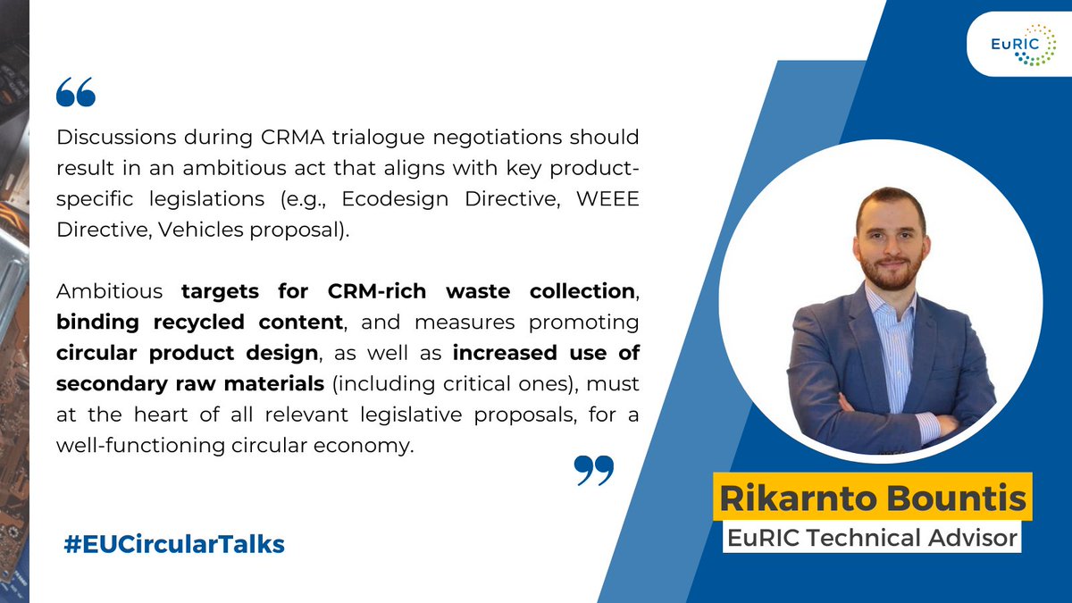 RecyclingEur's tweet photo. Unlock the circular economy👉🔹Bold #targets for CRM-rich waste #collection🔹Binding recycled content🔹Circular product #design🔹Increased secondary raw materials use

EuRIC's key messages,as highlighted last week by our Technical Advisor Rikarnto Bountis, at the #EUCircularTalks https://t.co/9b9B2uY7CV