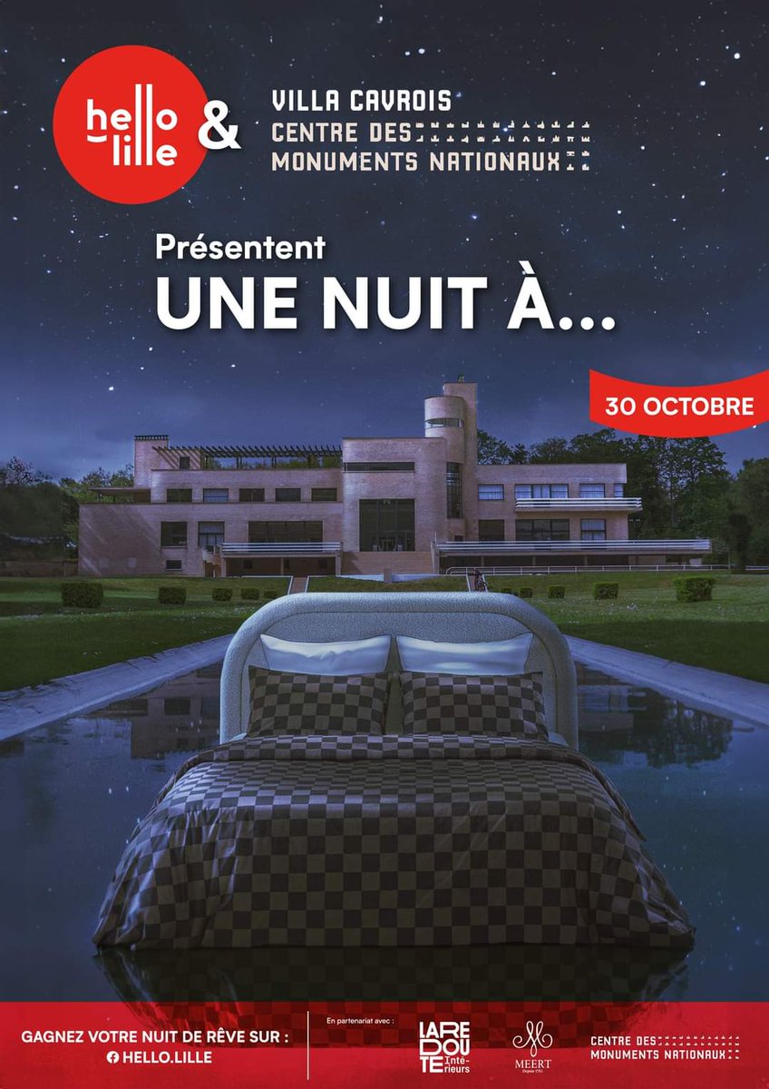 🛌 Vous avez toujours rêvé de dormir à la <a href="/VillaCavrois/">Villa Cavrois</a> ?

C'est désormais possible grâce à #hellolille et <a href="/leCMN/">le CMN</a> !

Alors rdv sur la page FB #hellolille jusqu'au 25/10