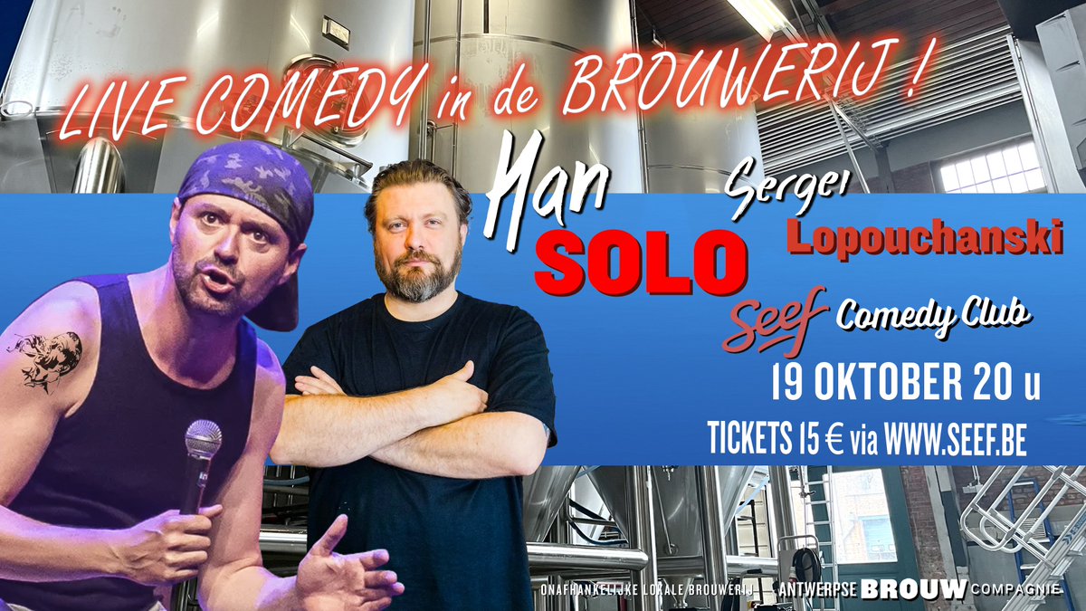 Kom donderdag 19 oktober naar de Seef Comedy Club in Antwerpen met top comedians Han Solo, Sergej Lopouchanski &amp; MC Rik! 🎉✨

Tickets via seef.be/event/comedy-i… 🎟️

#Comedy #Antwerpen #Seefbier #StandUpComedy