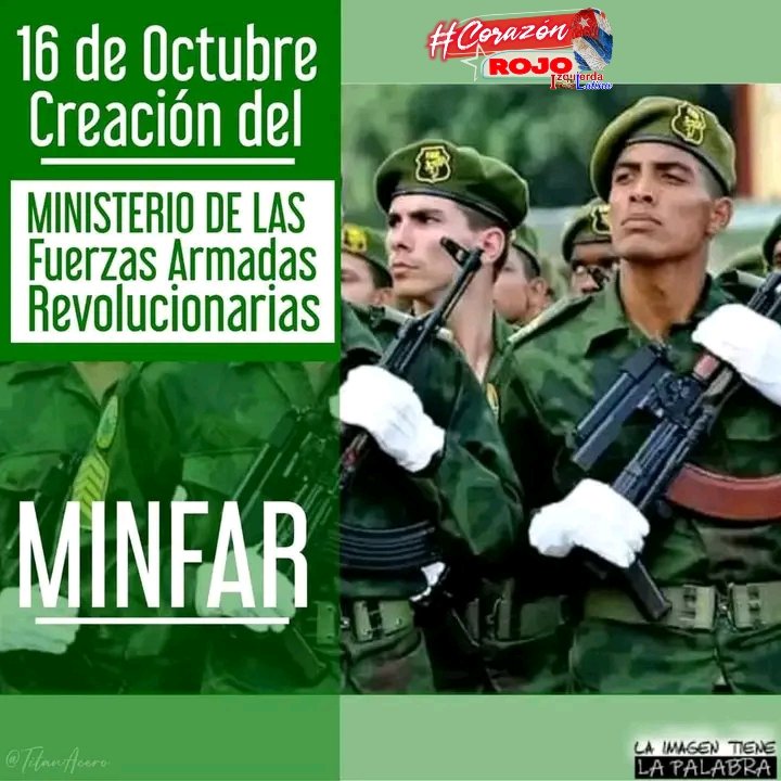 El 16/10/1959 mediante la Ley 600 del Consejo d Ministros se crea el MINFAR y es designado como Ministro d las (FAR) Raúl Castro. Esta ley representó una d las más importantes decisiones adoptadas por el gobierno revolucionario.#IzquierdaLatina #CorazónRojo #PuebloUniformado