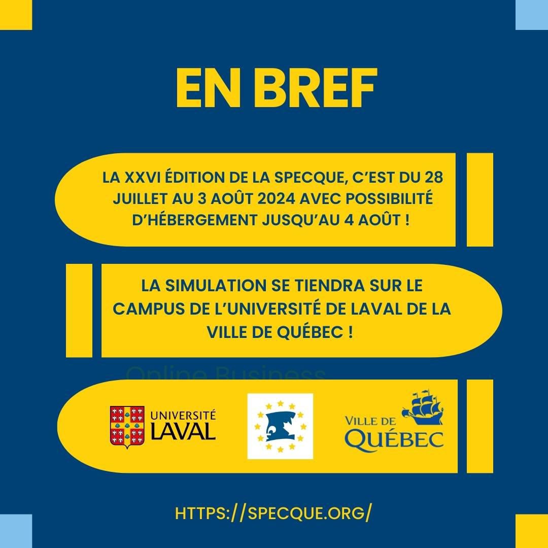 Pssst, approche ! 
La SPECQUE doit te donner des informations pour l’édition 2024 🇪🇺🇨🇦
Parmi ces nouvelles informations, on retrouve le nouveau logo de l’édition 2024 mais aussi les dates et le lieu de la simulation ! 
Alors, tu seras là ?