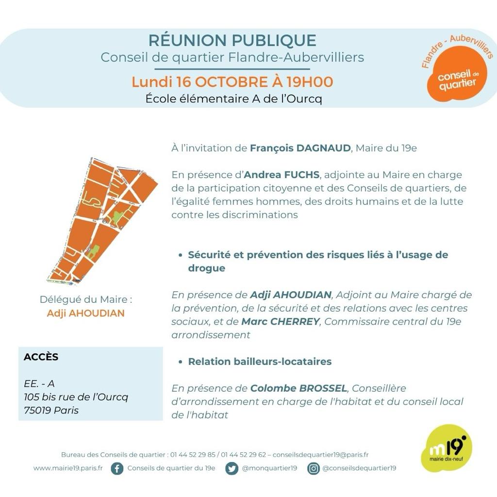 [CE SOIR] ‼
📣 Réunion Publique du #Conseildequartier 
#FlandreAubervilliers 📣
🗓 lundi 16 octobre à 19h
📍École élémentaire A de l'Ourcq – 105 bis rue de l'Ourcq
Plus de détails 👇🏻
#paris19 #participationcitoyenne #monquartier19 #paris19eme 
#reunionpublique