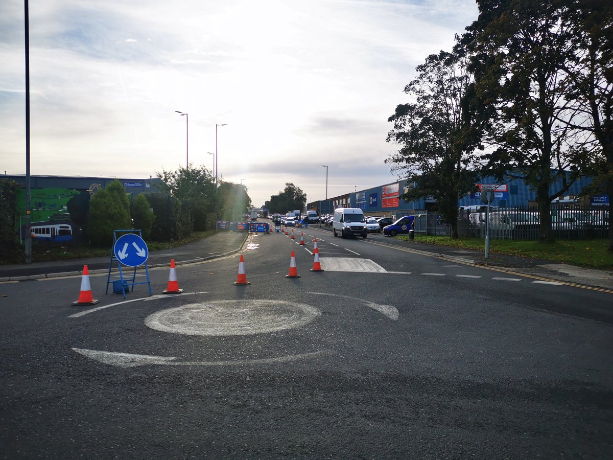 Requested 3 way temp traffic lights for Thames Water works on Cheney Manor Ind Est be removed.Caused much morning disruption and scheduled all week. Work is on the path.Road is wide enough for barrier and two vehicles to pass.SBC Officer inspected and removing lights now.
