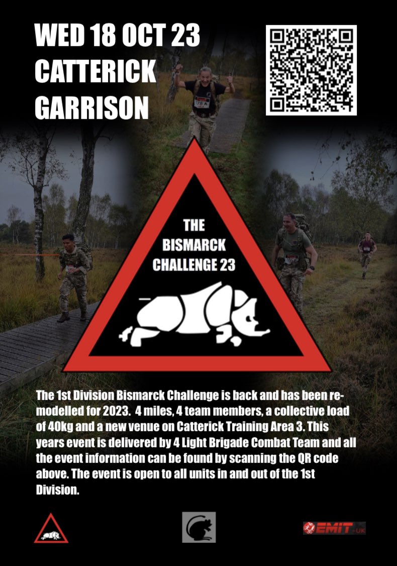 4LBCT will host the 1st (UK) Div annual Bismarck Challenge on 18 Oct 23. The event on Catterick Training Area will include a band, refreshments and a team event promoting the GOCs #1XXRhinoHerd and #TeamRhino ethos. Updates throughout from #BFBS.   #4LBCT #bismarckchallenge