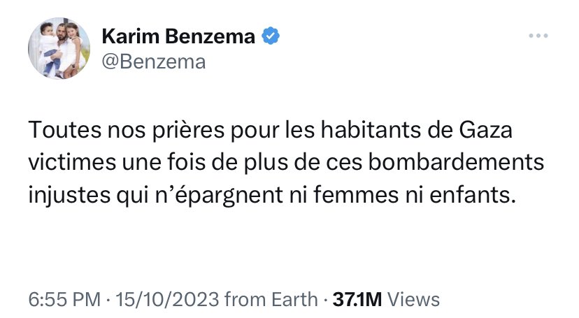 🚨🚨🚨🚨🚨🚨🚨🚨🚨🚨

تغريدة كريم بنزيما عن غزة وعن دعم فلسطين تتجاوز حاجز الـ37 مليون مشاهدة ❤️🇵🇸