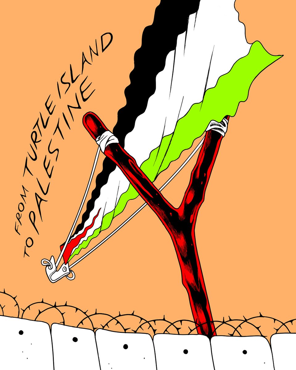 there are still copies left of this 2021 print -' From Turtle Island To Palestine' - for sale at Colour Code Printing, where all proceeds have been going to Medical Aid For Palestinians shop.colourcodeprinting.com/product/michae…