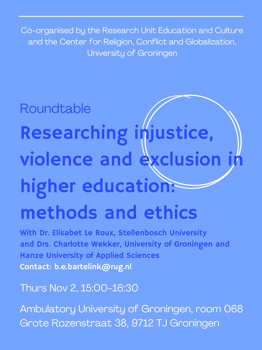 On November 2nd, we are organizing a roundtable together with the Research Unit Education and Culture. 
The roundtable will discuss exclusion, injustice and violence in higher education. 

See the poster for full details (no sign up required), we look forward to seeing you there!
