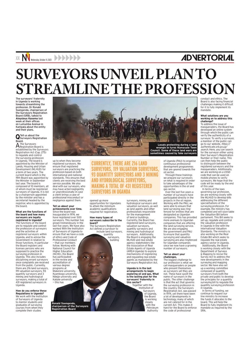 SRB_Uganda's tweet photo. In a bid to streamline the Surveying profession in Uganda, the Surveyors Registration Board has published a list of Surveyors licensed to practice for the year 2023 on pages 49-56 of the Newvision. Please grab a copy of today’s @newvisionwire and access full list. https://t.co/OOFphX5QWH