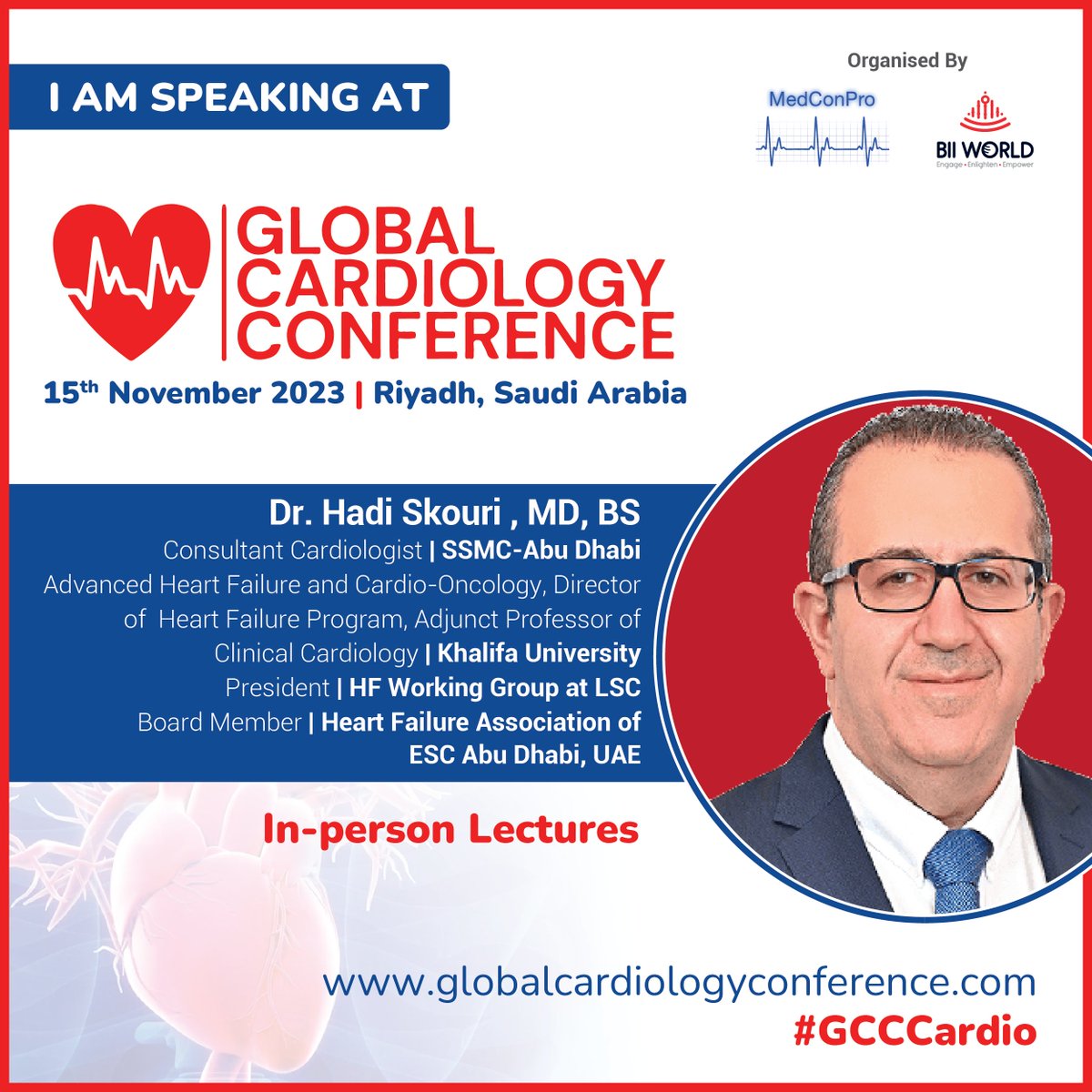 MedConPro's tweet photo. Thrilled to announce that @DrSkouri, Advanced #HeartFailure, and #CardioOncology Specialist at @SSMCAbuDhabi, will be joining us as a #Speaker at the Global #Cardiology Conference 2023 in #Riyadh, #SaudiArabia!🎟 Register now: https://t.co/63gBQazPeE 
#GCCCardio #HeartHealth https://t.co/aSXF85tuai