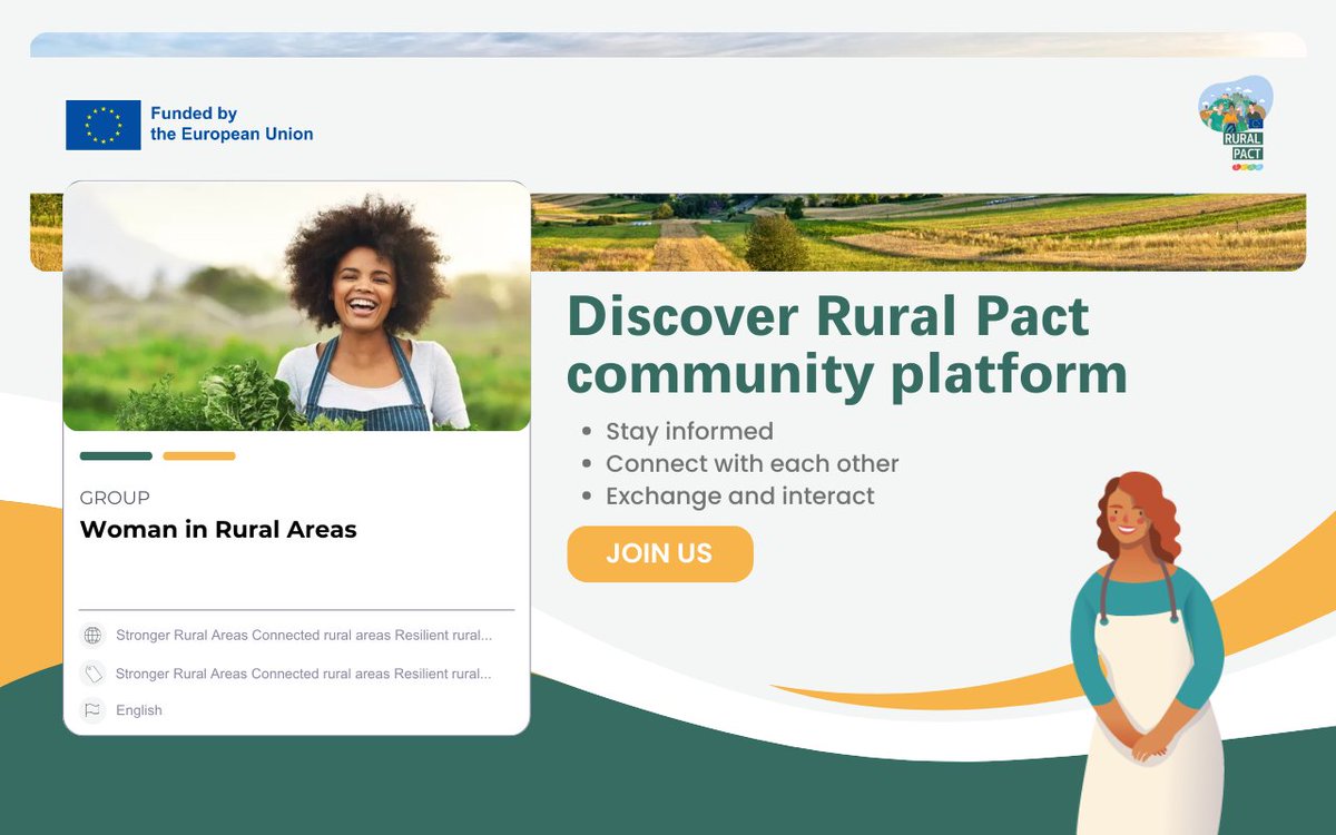 🌹Celebrating the International Day of Rural Women:

🌻Let's champion female innovators 'Woman in Rural area' community, backed by the EU Rural Pact, where knowledge meets passion.

Join us: ruralpact.rural-vision.europa.eu/groups/communi…

#RuralWomenDay #ruralwomen #womengiverurallife  #RuralVisionEU