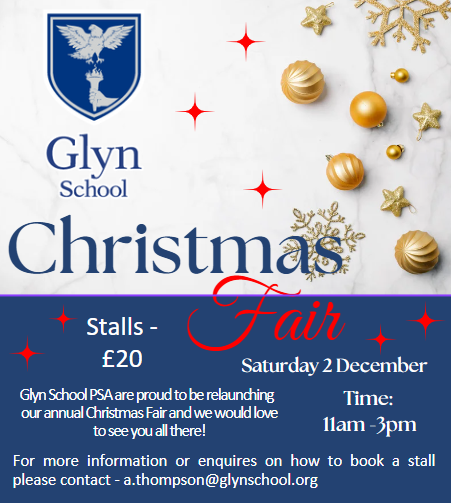 We are excited for our upcoming Christmas Fair on Saturday 2nd December. 11am-3pm. 

If you have your own business and would like to book a stall please see details on poster below!

We looking forward to welcoming you to our Fair!
#GlynSchoolPSA #ChristmasFair #EpsomCommunity