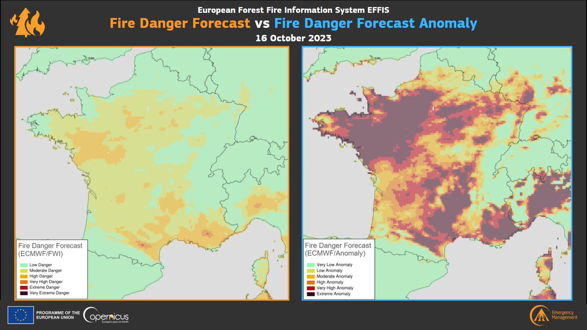 🔥 La prévision du risque #incendie #EFFIS d'aujourd'hui indique 🟡 'Danger élevé' dans de vastes zones des régions du sud et de l'ouest du territoire 

👉 Dans le même temps, la comparaison avec les valeurs historiques révèle des niveaux 🟤 « d'anomalies extrêmes » dans la…