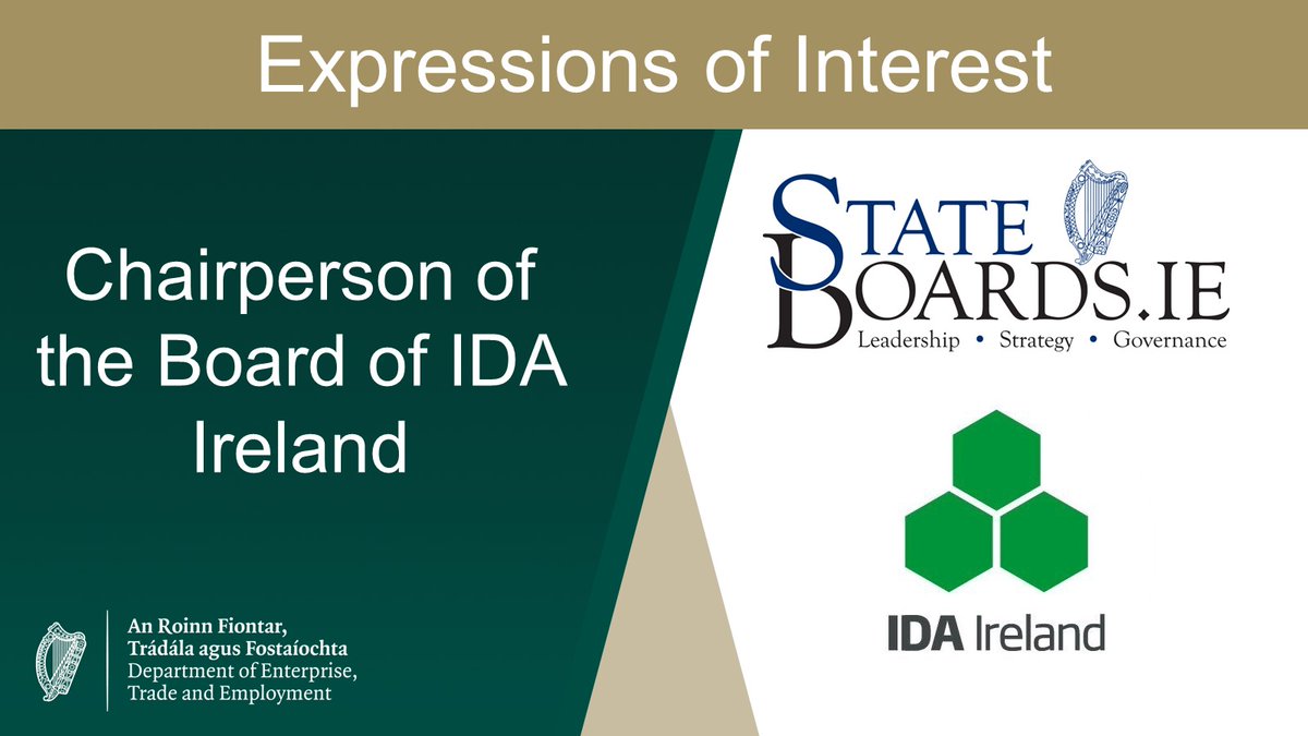 DeptEnterprise's tweet image. The Minister for Enterprise, Trade and Employment @DeptEnterprise invites expressions of interest from suitable candidates to the role of Chairperson of the Board of @IDAIRELAND 

Deadline for applications is;
Wednesday 18th October 3pm

For more information visit @stateboards…