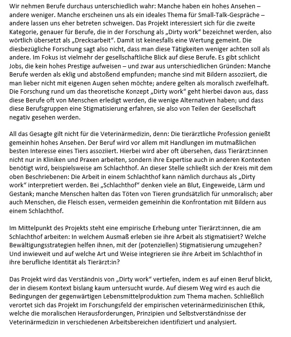 Mein neues Forschungsprojekt, gefördert durch den FWF (P 36759-G), beginnt in wenigen Tagen an der @VetmeduniVienna. Titel: Stigmatization of a profession? Worum geht’s? Hier die „simple summary“. #ethik #veterinärmedizin #fleisch #essen #schlachthof