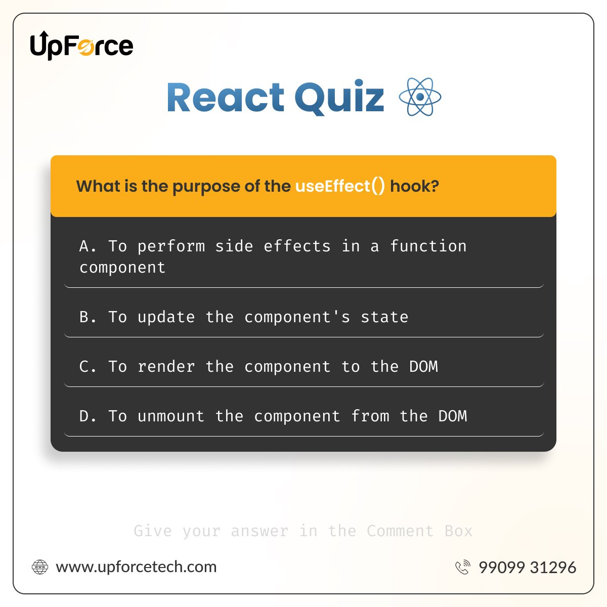 UpforceT60125's tweet image. Get ready to test your React skills with our fun and interactive Instagram quiz! 🤩📚 Can you solve the challenges and show off your coding expertise? 🚀 
#UpforceTech #Reactquiz #reactquiz #reactjs #reactjsdevelopers #reactjsdeveloper #reactjsbootcamp