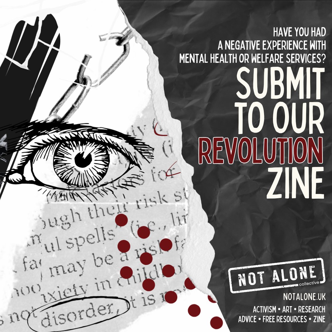 📢 ONE WEEK LEFT 📢

Submit your art, stories &amp; more to the "Revolution" zine by 22nd October

notalone.uk/get-involved/t…

✊

#zine #mentalhealth #systemchange #socialchange #madtwitter #madstudies #disabilitytwitter #livedexperience #mentalhealtharts #smhaf23 #humanrights <a href="/MH_arts/">Scottish Mental Health Arts Festival</a>