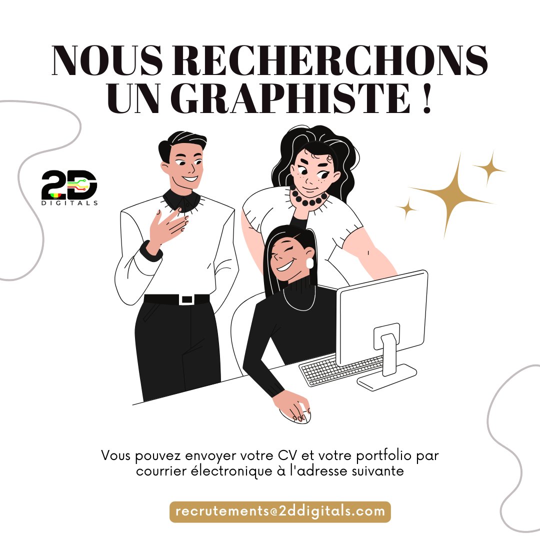 À la recherche d'un graphiste.

Nos attentes :

Être doué dans ce qu'il fait,
Être abordable et disponible,
Avoir un bon sens du travail en équipe et une bonne capacité d'adaptation.

Postulez à travers l'adresse mail se trouvant sur l'affiche.

#nousrecrutons
#2ddigitals