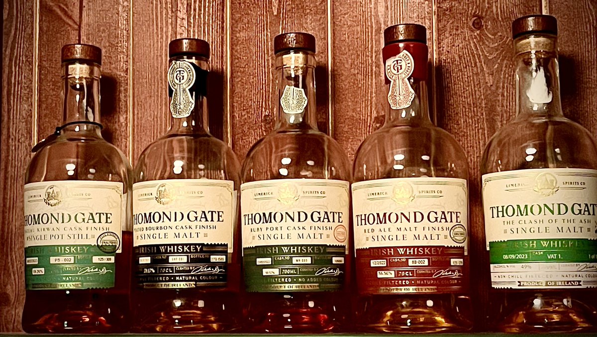 Now there are Five Thomondgate whiskey bottles open and pouring. What’s your favourite? <a href="/ThomondGW/">Thomond Gate Limerick Whiskey</a> <a href="/LmkWhiskeyExp/">Limerick Whiskey Experience</a> <a href="/Limerick_ie/">Limerick.ie</a> <a href="/limerickwhiskey/">James 🥃</a> 
#whiskey #irishwhiskey
