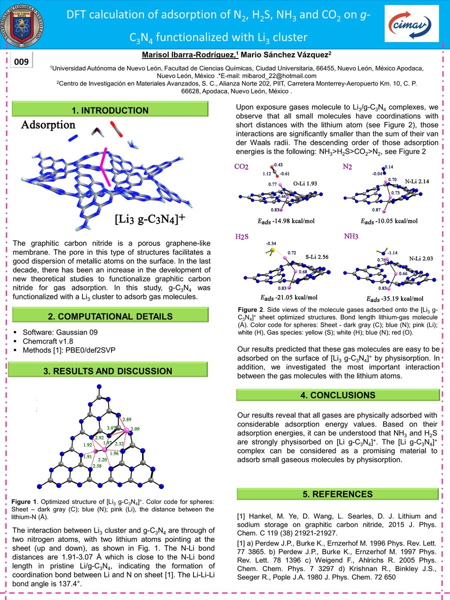 “Hi <a href="/LatinXChem/">LatinXChem</a>, presenting my work ‘DFT calculation of adsorption of N2, H2S, NH3 and CO2 on g-C3N4functionalized with Li3 cluster’ at #LatinXChem23 #LatinXChemComp #Comp009”<a href="/Compchemcimav/">Computational Chemistry Group</a>