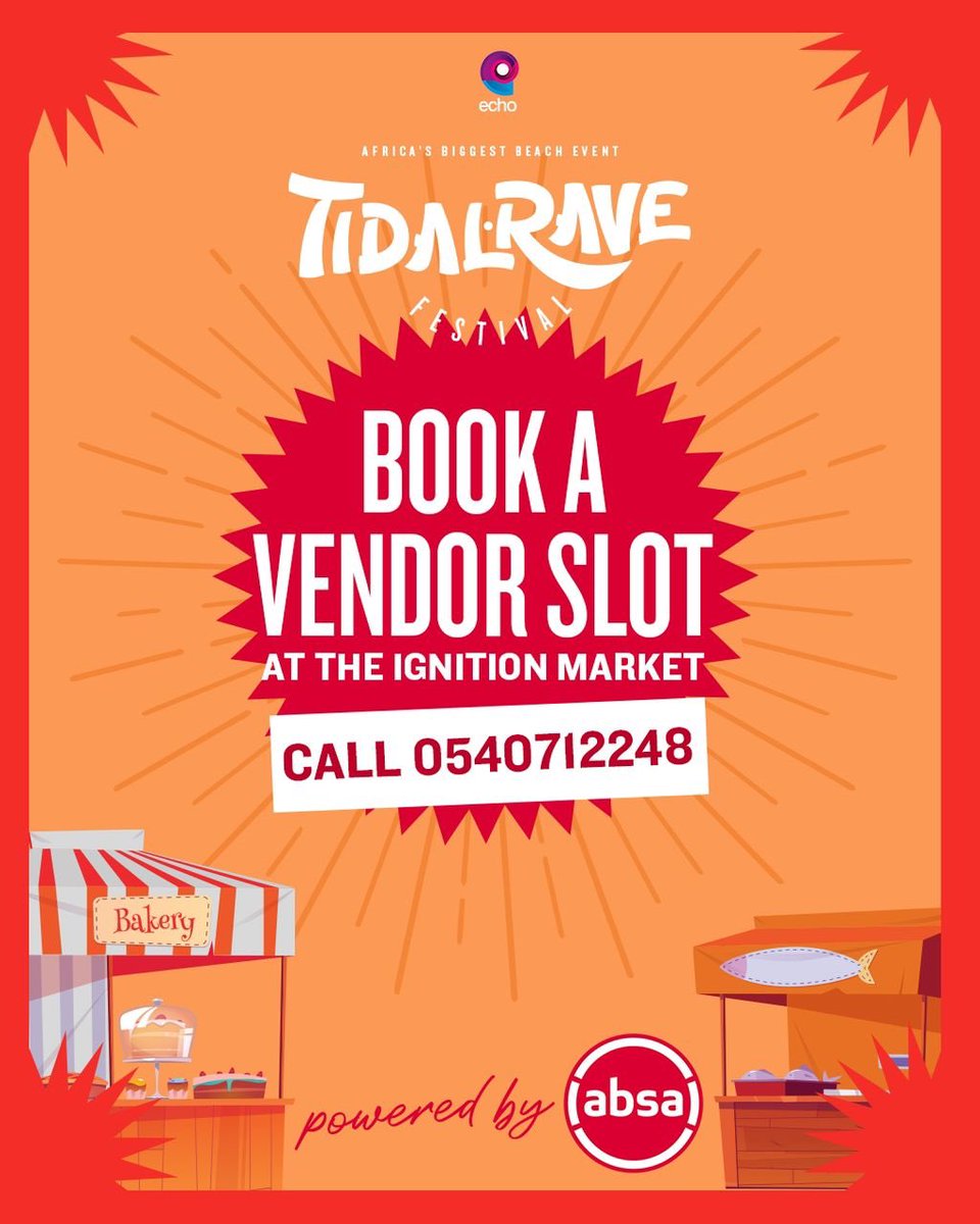 Are you an aspiring entrepreneur? @AbsaGhana and Tidal Rave are joining forces to make your dreams come true. The Ignition Market is just one of the ways. Book your vendor space now at 0540712248. Don't let this chance slip away! 🌊🚀 #TidalRave23 #TheNewRave