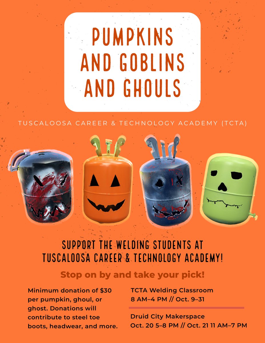 TCTA (@tctatuscaloosa) on Twitter photo Our Welding students have been hard at work making Halloween decorations for their fundraiser to help them buy some PPE. Take one of these works of art home for $30. #amazingtothecore <a href="/TCSBoardofEd/">T🍏S Board of Ed</a> <a href="/BranchJetta/">Jetta Branch</a> <a href="/MikeDaria/">Mike Daria</a> <a href="/egmackey/">Eric Mackey</a> <a href="/NHS_theRidge/">Northridge HS</a> <a href="/GoCHSFalcons/">Central High School</a> <a href="/BryantStampede/">Paul W. Bryant High School</a> Our Welding students have been hard at work making Halloween decorations for their fundraiser to help them buy some PPE. Take one of these works of art home for $30. #amazingtothecore <a href="/TCSBoardofEd/">T🍏S Board of Ed</a> <a href="/BranchJetta/">Jetta Branch</a> <a href="/MikeDaria/">Mike Daria</a> <a href="/egmackey/">Eric Mackey</a> <a href="/NHS_theRidge/">Northridge HS</a> <a href="/GoCHSFalcons/">Central High School</a> <a href="/BryantStampede/">Paul W. Bryant High School</a>