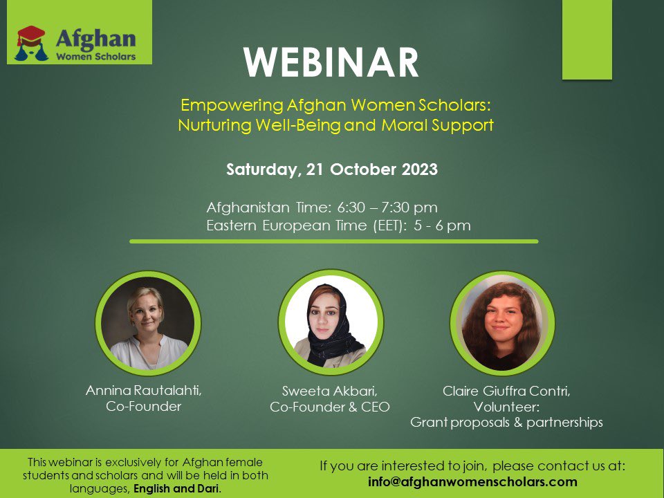 AWS_platform's tweet photo. Join us for a webinar! Are you and Afghan woman scholar, looking for ways to continue your education and research safely? Have you reached out our organization previously and are looking to hear what we’re doing to help Afghan women scholars? 1/2 https://t.co/UVq2jv1T7s