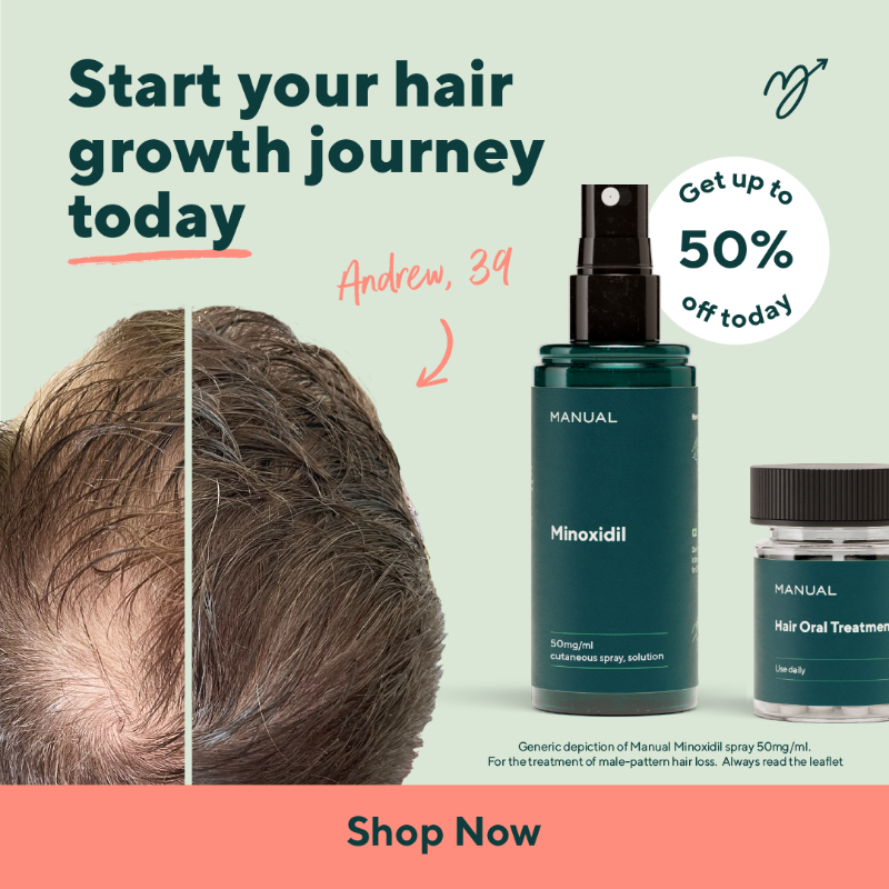 MenofManual's tweet photo. We're Manual 👋 We help men experiencing hair loss get their confidence back! Take the quiz and get personalised recommendations on which treatments are right for you. 

As a bonus, we're giving you 50% off your first order 🙌