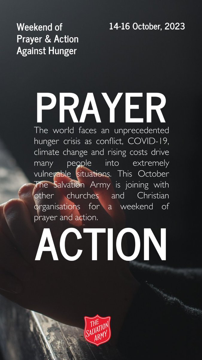 This October The Salvation Army is joining with other churches and Christian organisations for a weekend of prayer and action.

Register to join the online call to prayer on Monday 16 October at 5pm.

Find more: salvationarmy.org/ihq/ihqevents