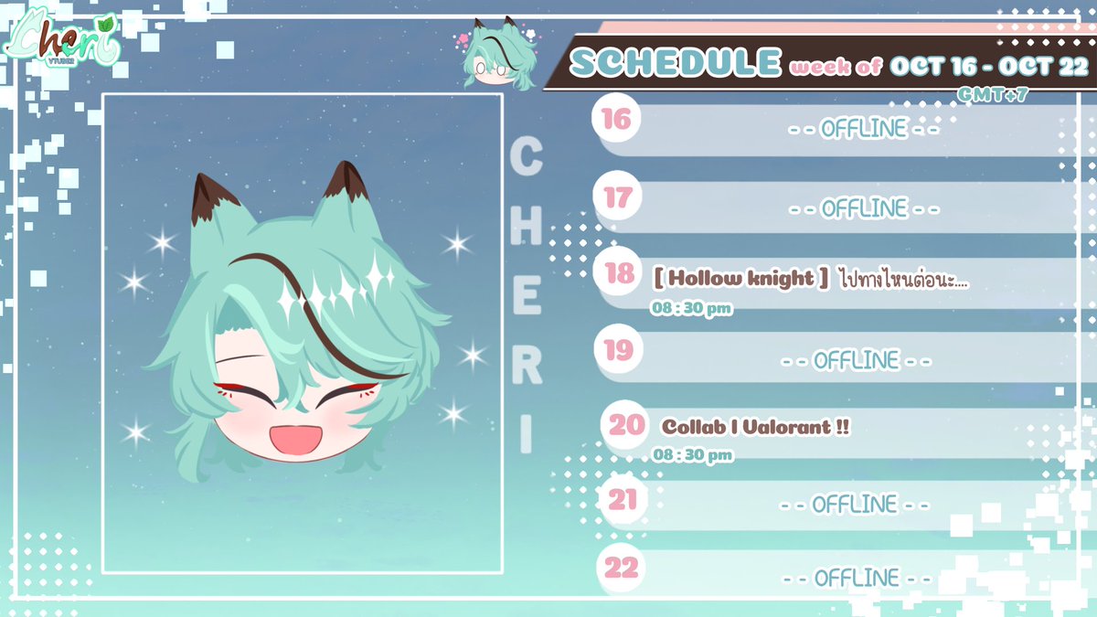 LixCheri's tweet photo. 🍫Weekly Schedule✨Oct 16 - Oct 22❄️
แปะๆตารางไลฟ์ครับผม✨
-- TAGS --
General :#Cherilix
Live: #Che_Live
Art : #ChelixFA
-------------------
#VtuberTH https://t.co/JZHW9jpXGV