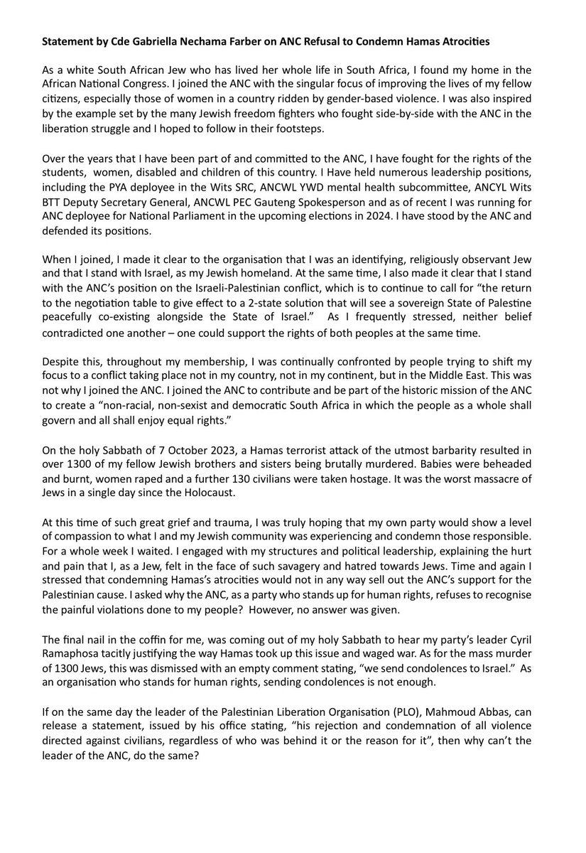 FarberGabi's tweet photo. Statement by Cde Gabriella Nechama Farber on ANC Refusal to Condemn Hamas Atrocities https://t.co/VX6Mh2UGrV