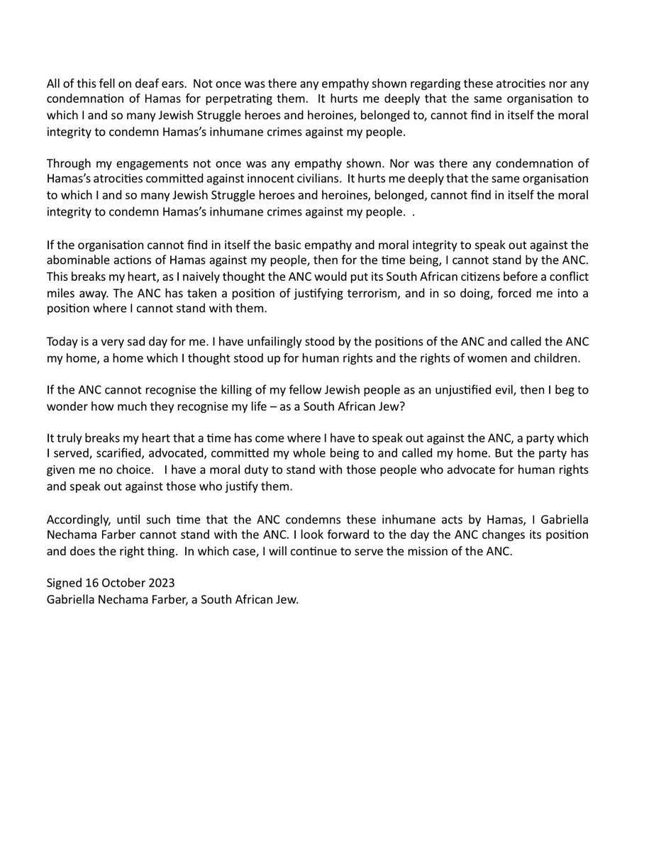 FarberGabi's tweet photo. Statement by Cde Gabriella Nechama Farber on ANC Refusal to Condemn Hamas Atrocities https://t.co/VX6Mh2UGrV