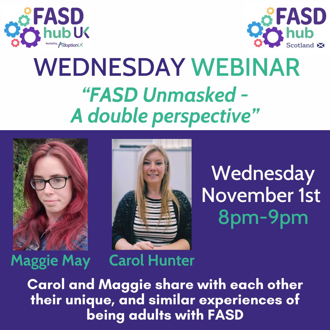 FasdhubScotland's tweet photo. Come along to our next Wednesday Webinar and listen to 2 inspirational women Carol Hunter and Maggie May as they talk about their own experiences and perspectives as adults with #FASD. Book your place and find out more here: https://t.co/Oc1jU9OmdE https://t.co/ntwbYrtVoB