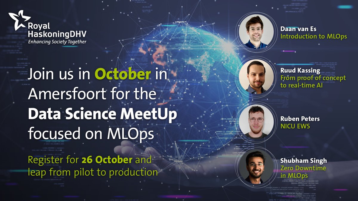 Join our 26 October (hybrid) Data Science MeetUp on MLOps with these rockstar speakers! Learn from others in their MLOps journey. 👉 Register to join us: royalhaskoningdhv.com/en/newsroom/ev… #DataScience #AI #MLOps #MachineLearningOperations #MeetUp @UMCUtrecht, @UbiOps, @RHDHV_NL