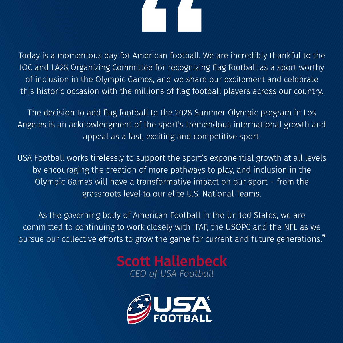 USAFootball's tweet image. 𝐓𝐨𝐝𝐚𝐲 𝐢𝐬 𝐚 𝐌𝐨𝐦𝐞𝐧𝐭𝐨𝐮𝐬 𝐃𝐚𝐲 👏

A statement from USA Football CEO, Scott Hallenbeck on #FlagFootball and its inclusion in the #Olympics: