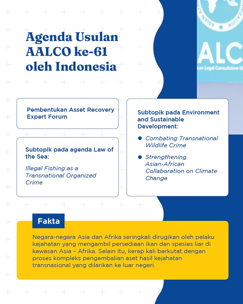 kumham_babel's tweet photo. 7| Agenda yg diusulkan Indonesia di AALCO ke-61:Asset Recovery Expert Forum,Illegal Fishing as a Transnational Organized Crime, Combating Transnational Wildlife Crime &amp; Strengthening Asian-African Collaboration on Climate Change.
#SesiTahunanAALCO61

#YasonnaLaoly
#KemenkumhamRI https://t.co/tX0Rfv7yJD