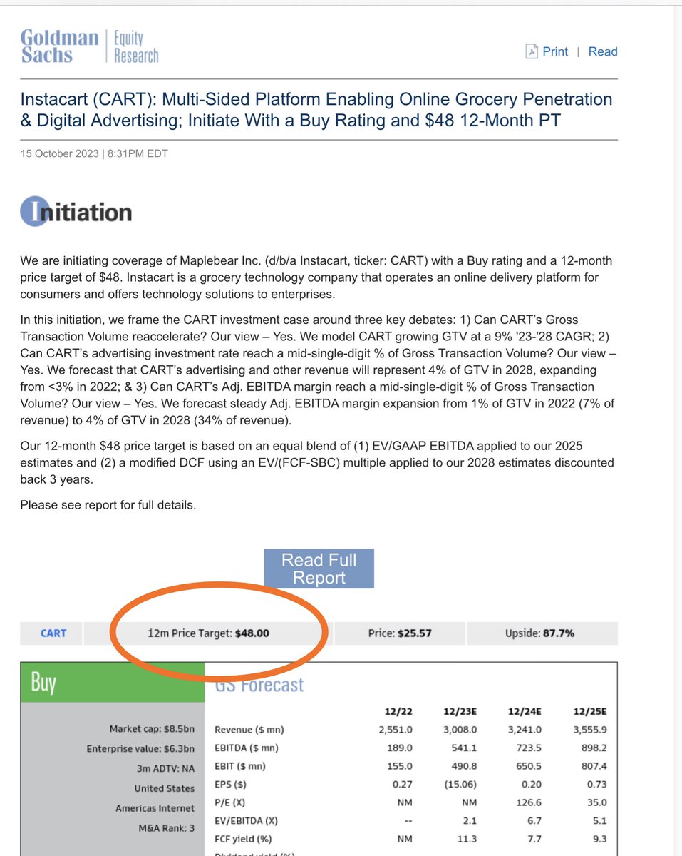 compound248's tweet photo. Goldman initiated on $CART (Instacart) today, setting a $48 price target…

…I will take the Under.

Goldman’s thesis on this new IPO rests on three key bets, each of which is shaky. 

Then it applies a big multiple to justify $48.

A short skeptical thread.
🧵👇 https://t.co/AsZyf7qeQy
