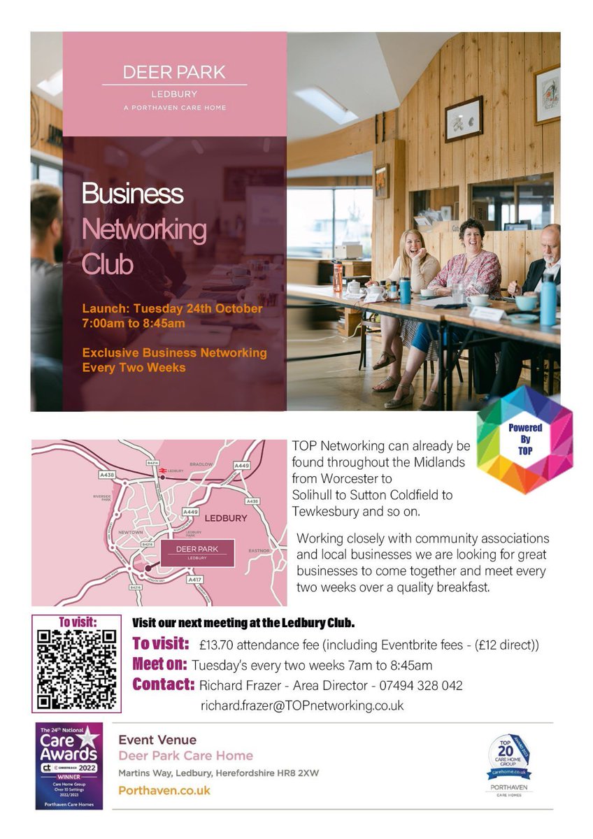 TOP_Hereford's tweet photo. Ledbury is a brand new club starting at the Deer Park Ledbury which is a care home run by Barchester Homes - Vivienne Hill is the new chair and the club starts on 24/10/23 at 8 am and is once a month. A warm welcome awaits you.
#Herefordhour #Topnetworking https://t.co/giFiC8ZxbH