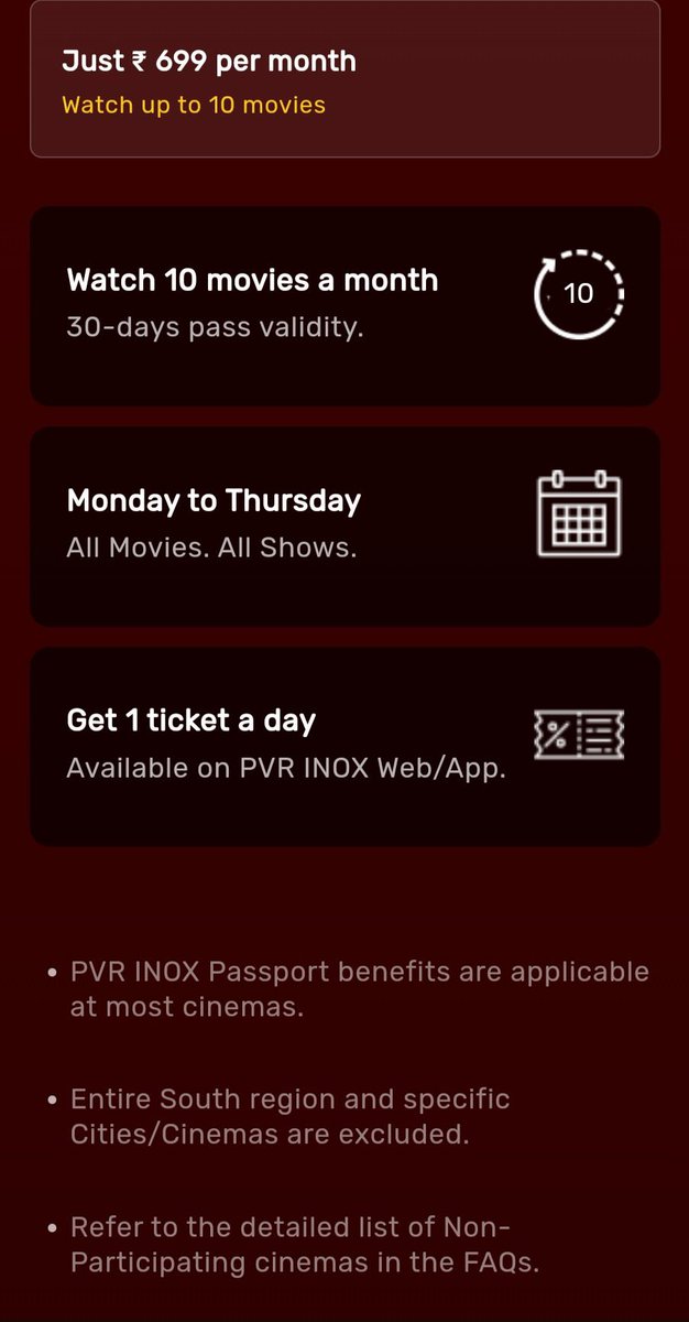 PVR Inox introduced #PVRINOXpassport. A pass for 30days where you can see 10movies a month just for 699/- Introducing #PVRINOXPassport #PVRHeardYou2 Buy your Passport now: passport.pvrinox.com Hurry up! #PVRINOXpassport