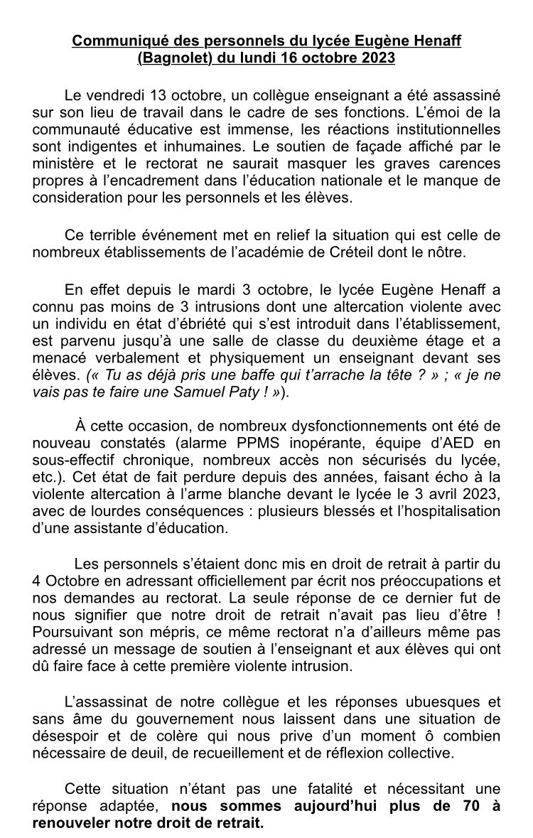 JFaerber's tweet image. Communiqué des enseignants du lycée Henaff en droit de retrait aujourd’hui : en dépit des nombreuses intrusions et des menaces contre les enseignants, le droit de retrait est rejeté. Et aucune autorité académique n’a reçu les collègues menacés.

Lisez : c’est glaçant.
