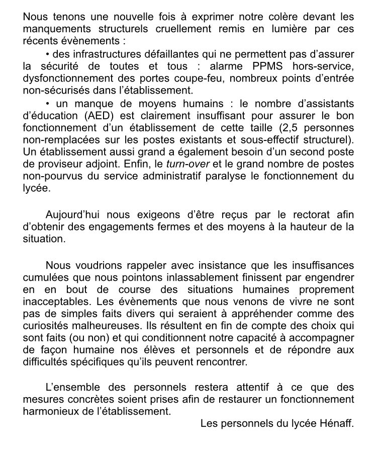 JFaerber's tweet image. Communiqué des enseignants du lycée Henaff en droit de retrait aujourd’hui : en dépit des nombreuses intrusions et des menaces contre les enseignants, le droit de retrait est rejeté. Et aucune autorité académique n’a reçu les collègues menacés.

Lisez : c’est glaçant.