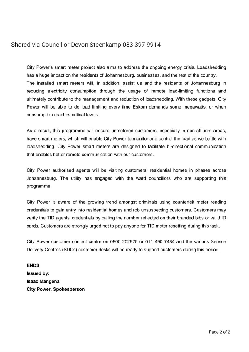 THEDEVCHEV's tweet image. 📣📟 #Ward134Update #CityPower
16 October 2023 - Cllr Devon Steenkamp 

City Power is rolling out a TID Programme to update pre-paid meters, free of charge. Teams will be in Sundowner and Randpark Ridge from 17th-31st October.