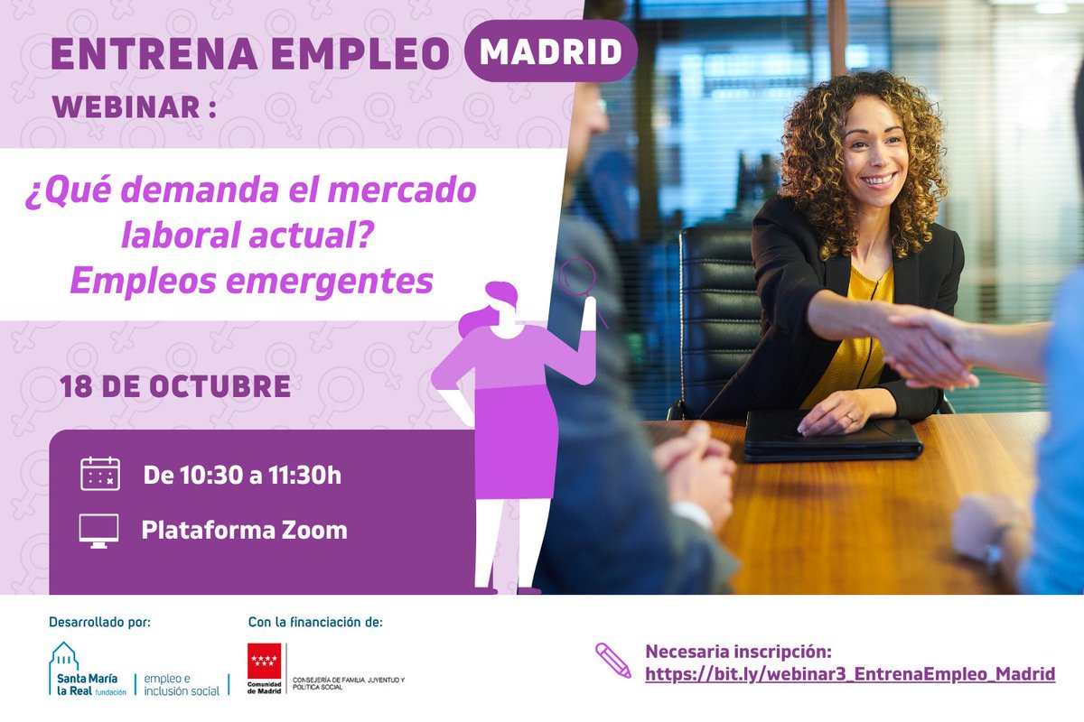 AreaEmpleoFSMLR's tweet photo. 🙋♀️🙋♂️ Este miércoles, 1⃣8⃣ de octubre, no te pierdas el #webinar sobre #EmpleoEmergentes 🎯. ¿Qué #perfiles tienen más demanda💼 ?
👉 Te esperamos en #Zoom en esta #CharlaOnline del programa #EntrenaEmpleoMadrid.
#Inscripción: https://t.co/crWdsukXR0 https://t.co/nrt2gkzkb9