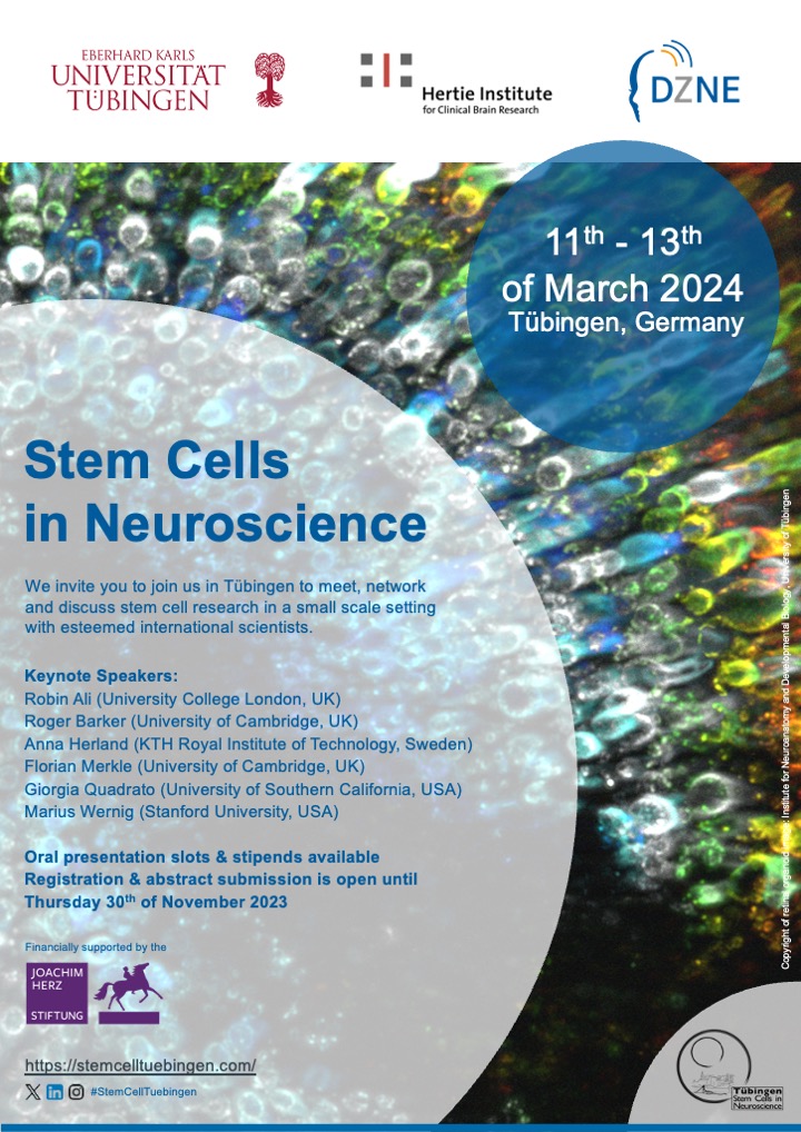 Stem cells meets Neuroscience. Registration is now open for the 'Stem Cells in Neuroscience' meeting 11-13 March 2024 in Tuebingen. Join us for awesome keynotes, engaging poster sessions and career workshops @TueNeuroCampus @DZNE_en