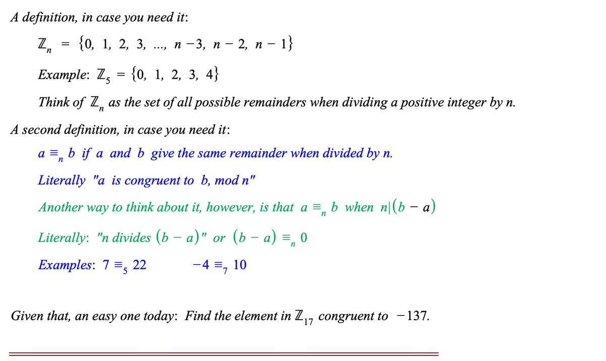 USDescartes's tweet image. #POTD #Math #ModularArithmetic #Simple 
Problem of the Day!

I&apos;ll post a solution to the weekend&apos;s integral tomorrow. This week will be a brief tutorial on solving some modular arithmetic problems. We&apos;re starting off easy, for those who don&apos;t know much yet.