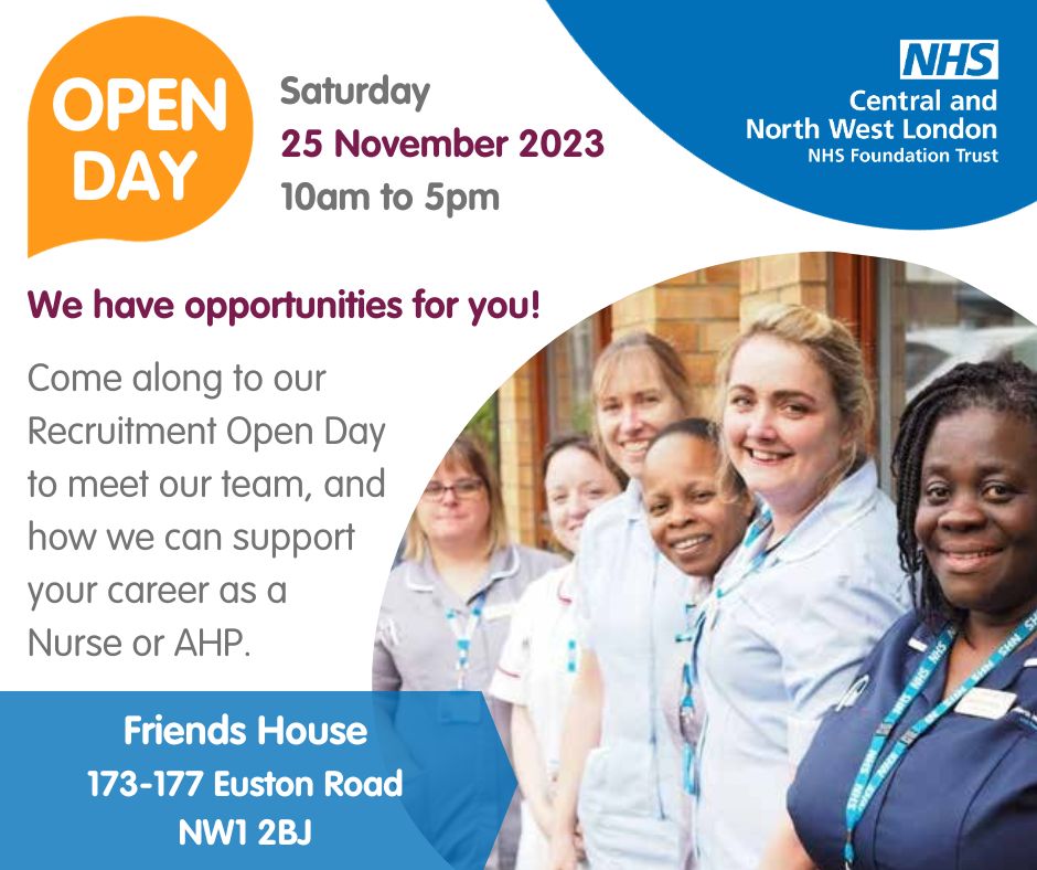 Come along to our next recruitment open day! We’re inviting #nurses, #nursingstudents and #AHPs to meet our friendly team, learn more about the Trust and how we can support your career. Find out more and register for a place to attend: cnwl.nhs.uk/news/come-alon…