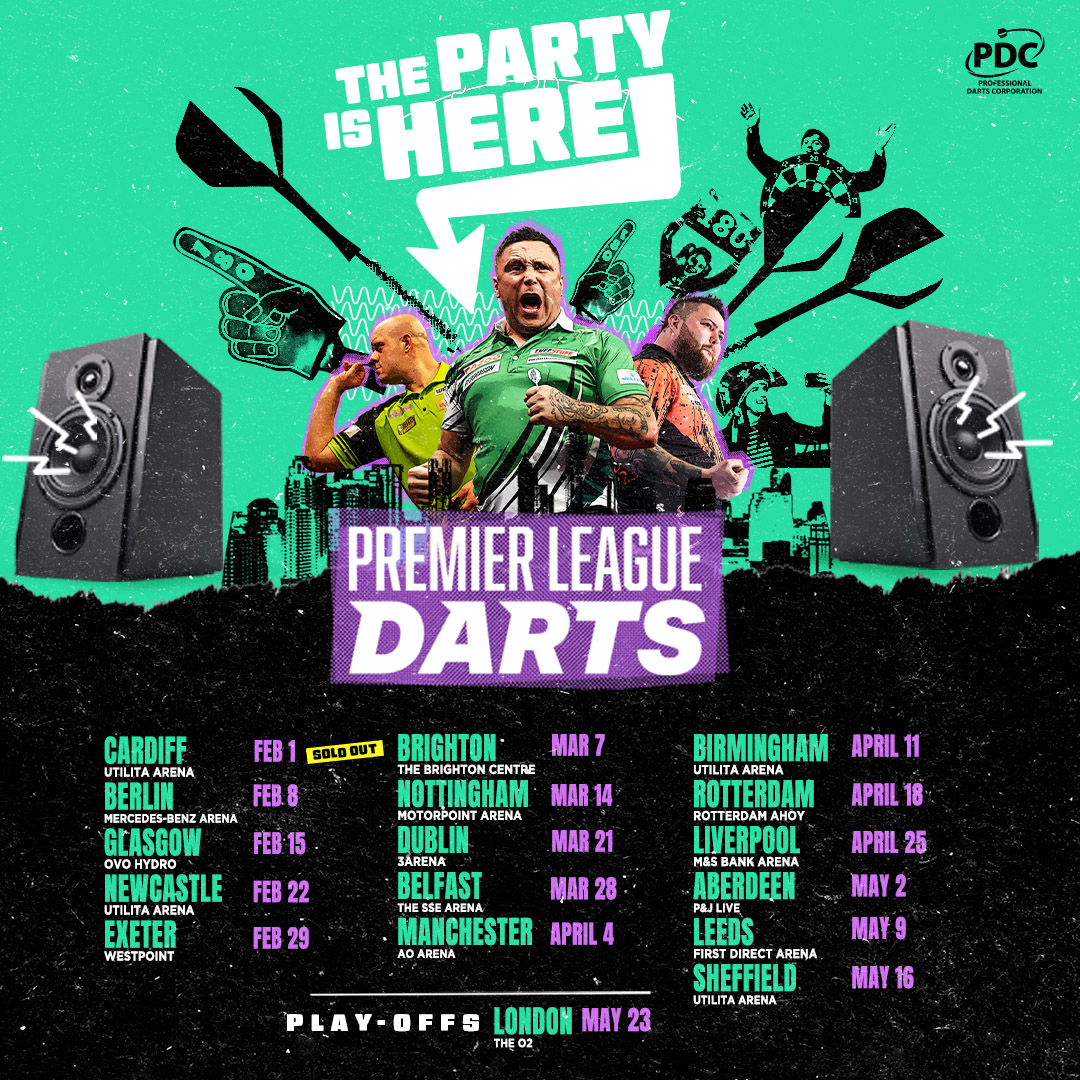 OfficialPDC's tweet photo. Who's coming to the Premier League? 
A limited number of tickets are now remaining at many of the tour venues. Book yours before they sell out👉 https://t.co/TrkY78u91Z https://t.co/c0ktTXvNV8