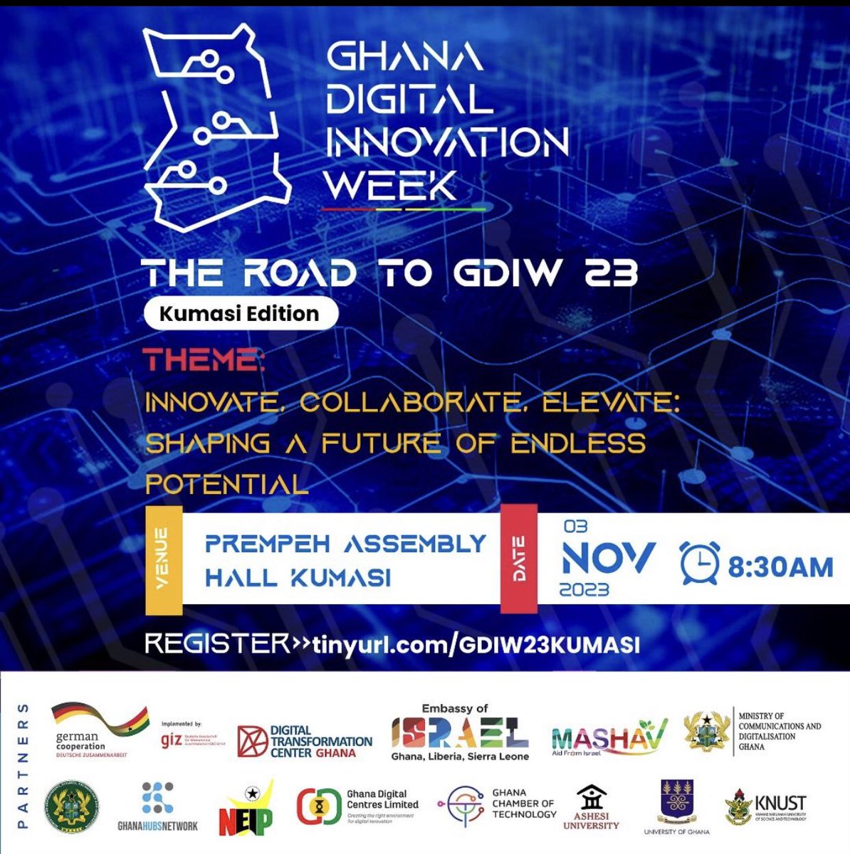 Get ready for an electrifying journey to the heart of digital innovation week.

Welcome to “The Road To #GDIW 23 - Kumasi Edition” organized by <a href="/hapaSpace/">hapaSpace</a> on the 3rd November, 2023 at Prempeh Assembly Hall, Kumasi.

Secure your spot now by registering at tinyurl.com/GDIW23KUMASI