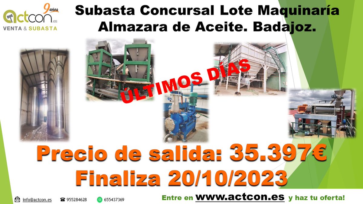 📢Subasta Concursal Lote Maquinaría Almazara de Aceite. Badajoz📢
actcon.es/activo/n/lote-…
Info en Ficha de Condiciones de Subasta en ACTCON.es
#OPORTUNIDAD #Subasta #subastasonline #Actcon #almazara #almazarabadajoz #badajozcity #cooperativaaceite  #maquinariaaceite